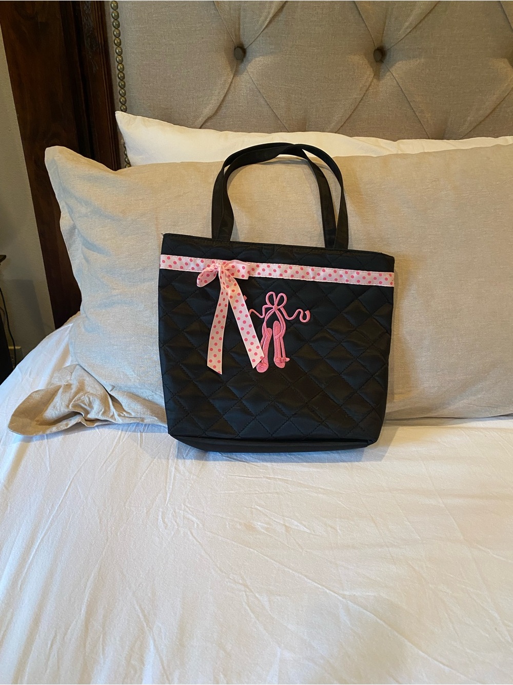 Girls Black Quilted Dance Tote Bag with Pink Ribbon Accent